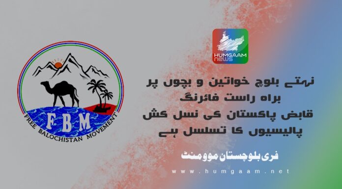 نہتے بلوچ خواتین و بچوں پر براہ راست فائرنگ قابض پاکستان کی نسل کش پالیسیوں کا تسلسل ہے۔ فری بلوچستان مومنٹ