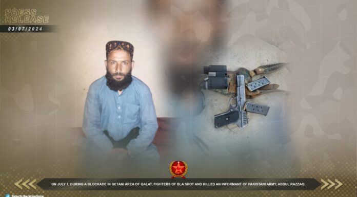 قلات میں چیکنگ کے دوران مخبر عبدالرزاق کو ہلاک کرنے کی ذمہ داری قبول کرتے ہیں۔ بی ایل اے
