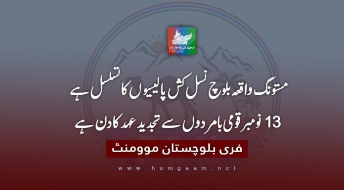 مستونگ واقعہ بلوچ نسل کش پالیسیوں کا تسلسل ہے،13 نومبر قومی بامردوں سے تجدید عہد کا دن ہے۔ ایف بی ایم