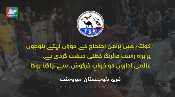 کوئٹہ میں پرامن اور نہتے بلوچوں پر براہ راست فائرنگ کھلی دہشت گردی ہے، عالمی اداروں کو خوابِ خرگوش سے جاگنا ہوگا۔ فری بلوچستان موومنٹ