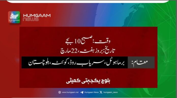 بلوچ یکجہتی کمیٹی کے مختلف علاقوں کے زونوں نے مرکزی کال پر اپنے اپنے علاقوں میں شٹر ڈاؤن ہڑتال اور پہیہ جام کرنے کا اعلان کیا ہے۔