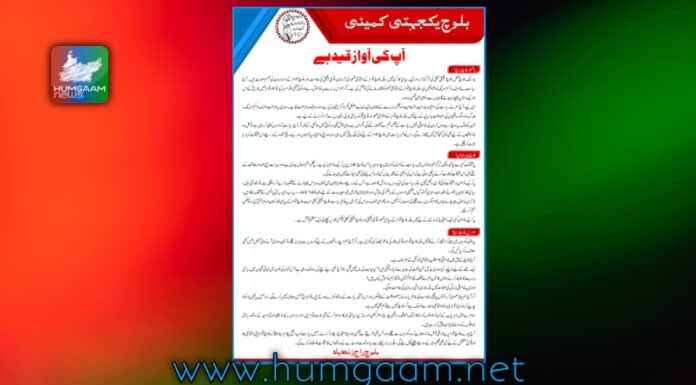 بلوچ یکجہتی کمیٹی نے ،آپ کی آواز قید ہے،کے عنوان سے پمفلٹ جاری کردی