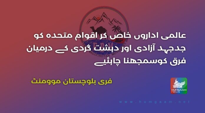 عالمی اداروں خاص کر اقوام متحدہ کو جدجہد آزادی اور دہشت گردی کے درمیان فرق کوسمجھنا چاہئیے۔ فری بلوچستان موومنٹ