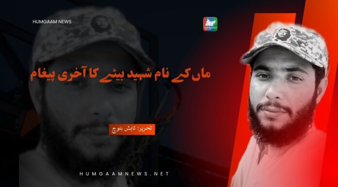 ماں کے نام شہید بیٹے کا آخری پیغام۔ تابش بلوچ
