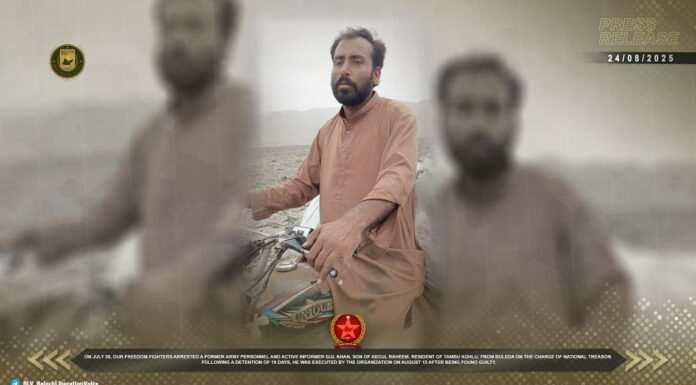 مخبر گُل خان کو اعتراف جرم کے بعد بلیدہ میں سزائے موت دے دیا۔ بی ایل اے