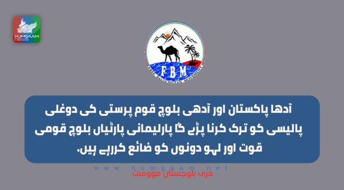 آدھا پاکستان اور آدھی بلوچ قوم پرستی کی دوغلی پالیسی کو ترک کرنا پڑے گا پارلیمانی پارٹیاں بلوچ قومی قوت اور لہو دونوں کو ضائع کررہے ہیں۔ فری بلوچستان موومنٹ