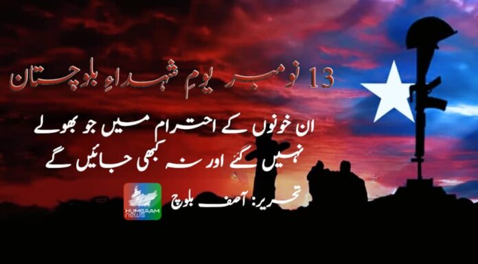 13نومبر یومِ شہداءِ بلوچستان ان خونوں کے احترام میں جو بھولے نہیں گئے اور نہ کبھی جائیں گے تحریر: آصف بلوچ