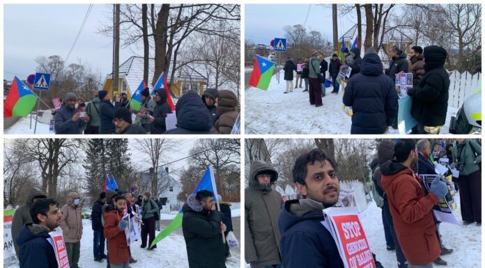 اوسلو میں سابق کٹ پتلی وزیرِ اعظم انور الحق کاکڑ کی آمد کے خلاف بلوچ کمیونٹی ناروے کا احتجاج